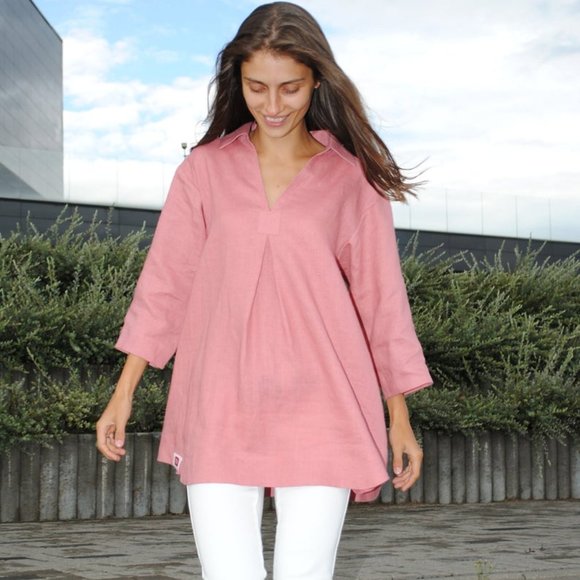 V neck linen blouse with pockets linen loose fit